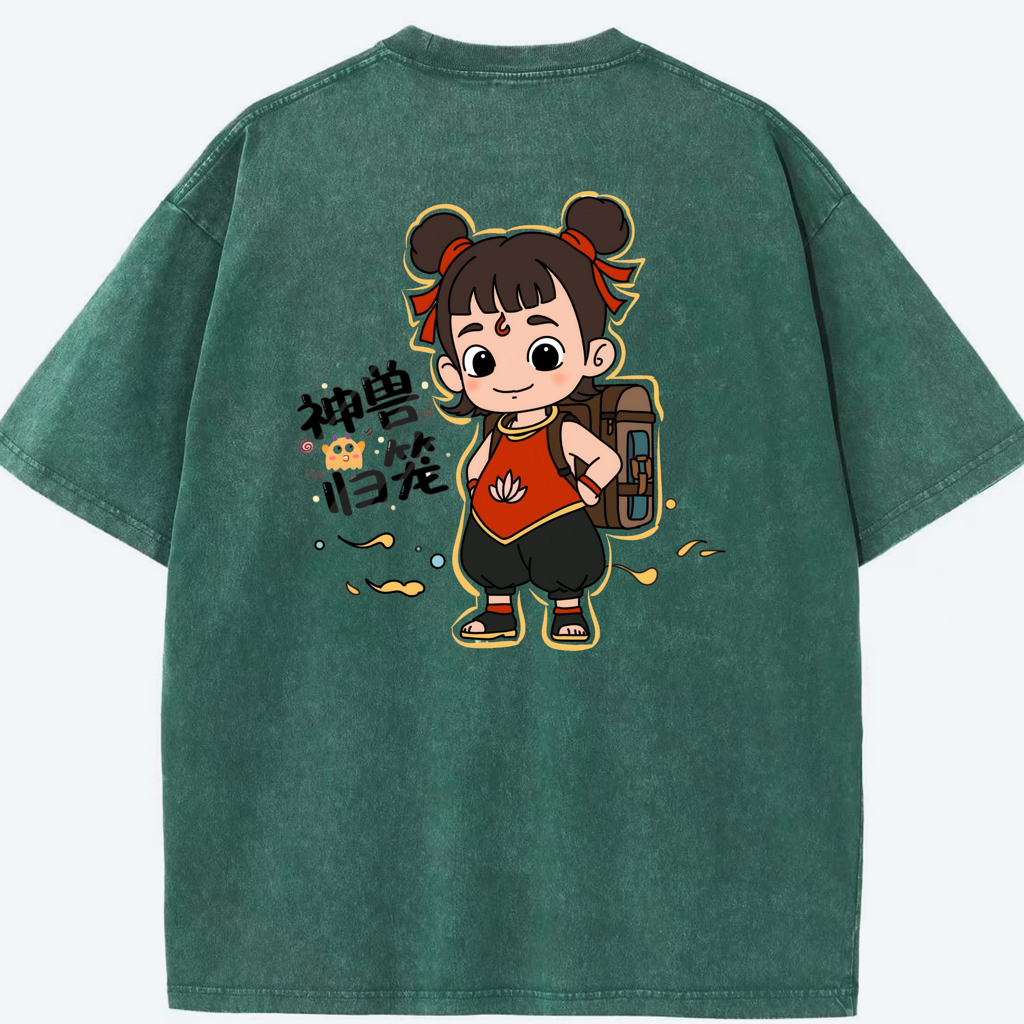 （画像用） Ne Zha 2 ナタ 魔童の大暴れ 綿100% ヴィンテージ風 半袖Tシャツ（背面プリント）